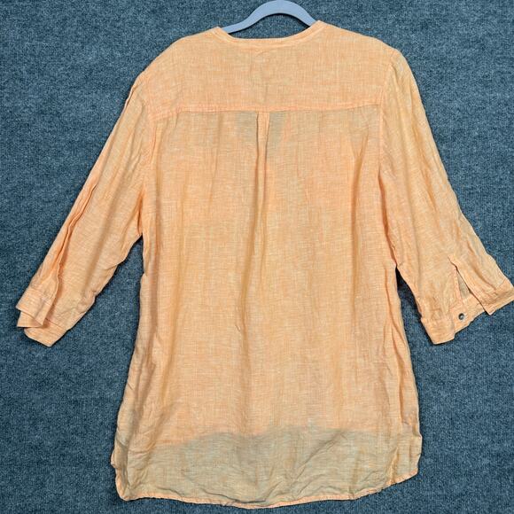 Chico's Size 2 Popover Split Neck Shirt Blouse Orange Linen High Low 3/4 Sleeves - Picture 2 of 8